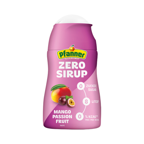 Pfanner ZERO Sirup Mango-Passionsfrucht, 1:140 verdünnbar, ergibt 8 Liter, 57ml Pfanner ZERO Sirup Mango-Passionsfrucht, 1:140 verduennbar Produktbild, Vorderseite der Verpackung